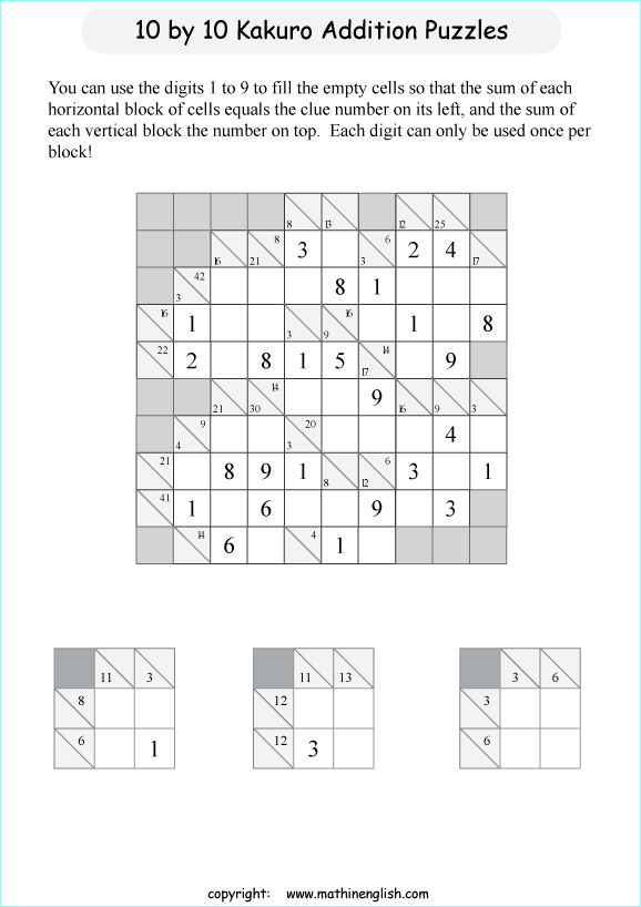 printable 10 by 10 Kakuro addition puzzle for kids