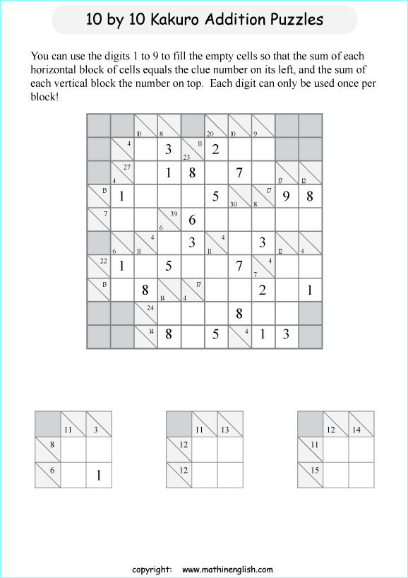 printable 10 by 10 Kakuro addition puzzle for kids