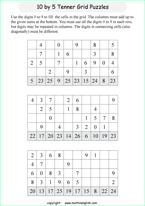printable 10 by 5 Tenner grids math number and IQ puzzle for kids and math students