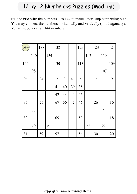 printable 12 by 12 Numbrix IQ number puzzle for kids