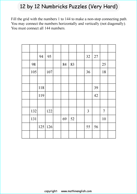 printable 12 by 12 Numbrix IQ number puzzle for kids