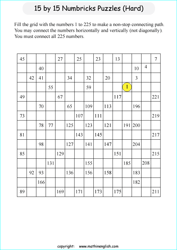 printable 15 by 15 Numbrix IQ number puzzle for kids