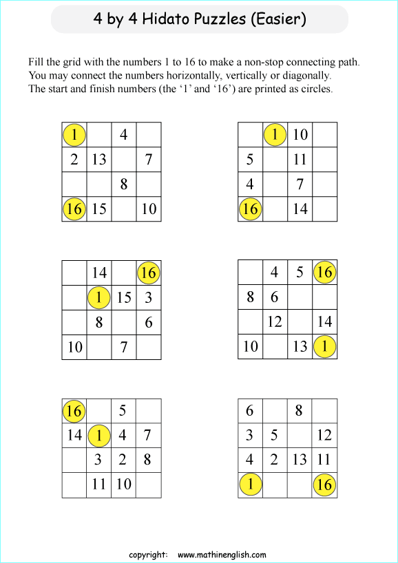 printable easy Hidato logic IQ puzzle for kids