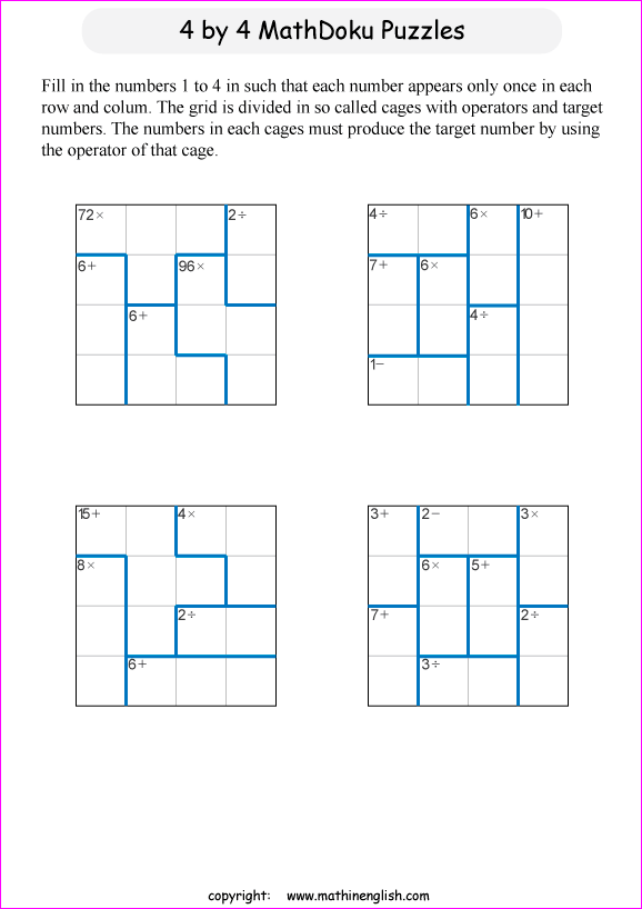printable 4 by 4 mathdoku math operations puzzle for kids and math students