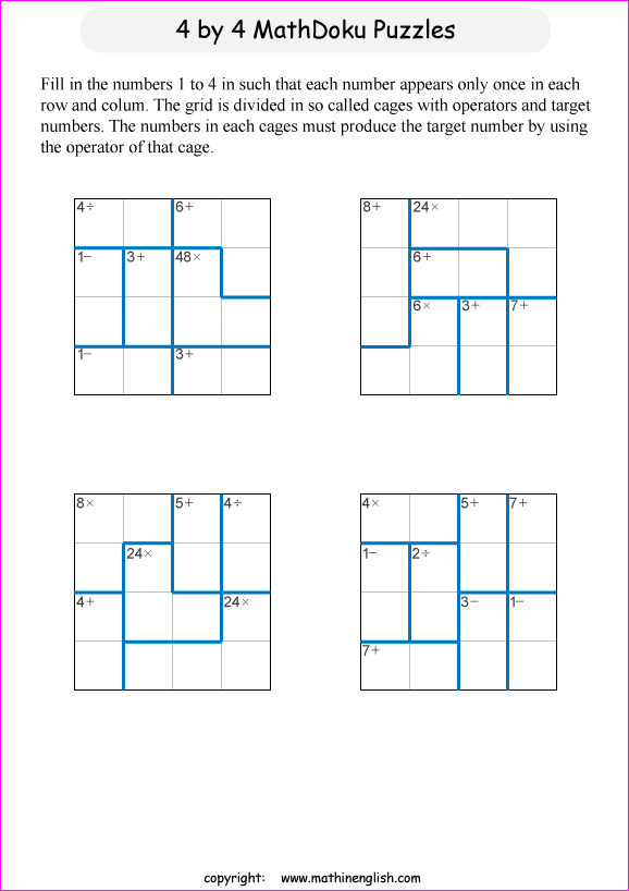 printable 4 by 4 mathdoku math operations puzzle for kids and math students