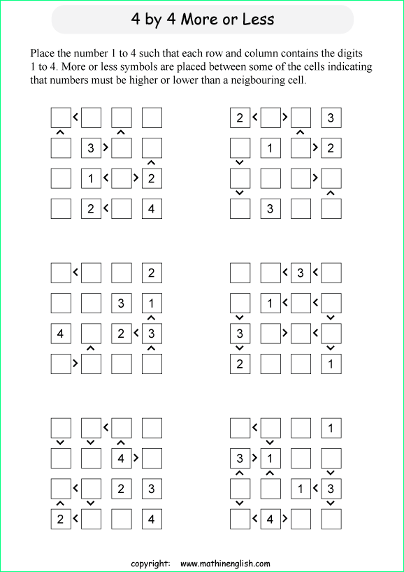 printable 4 by 4 More or Less math Sudoku for children