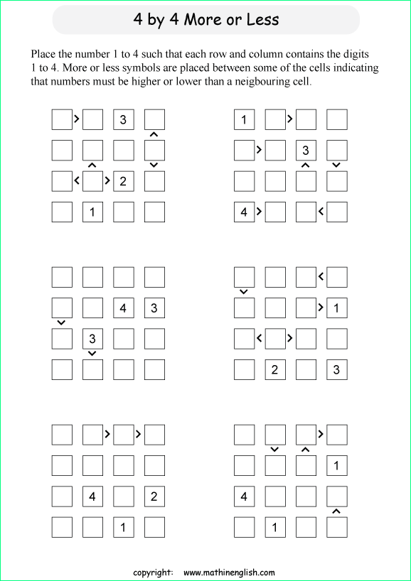 printable 4 by 4 More or Less math Sudoku for children