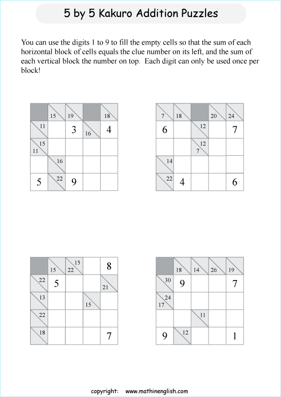 printable Kakuro addition puzzle for kids
