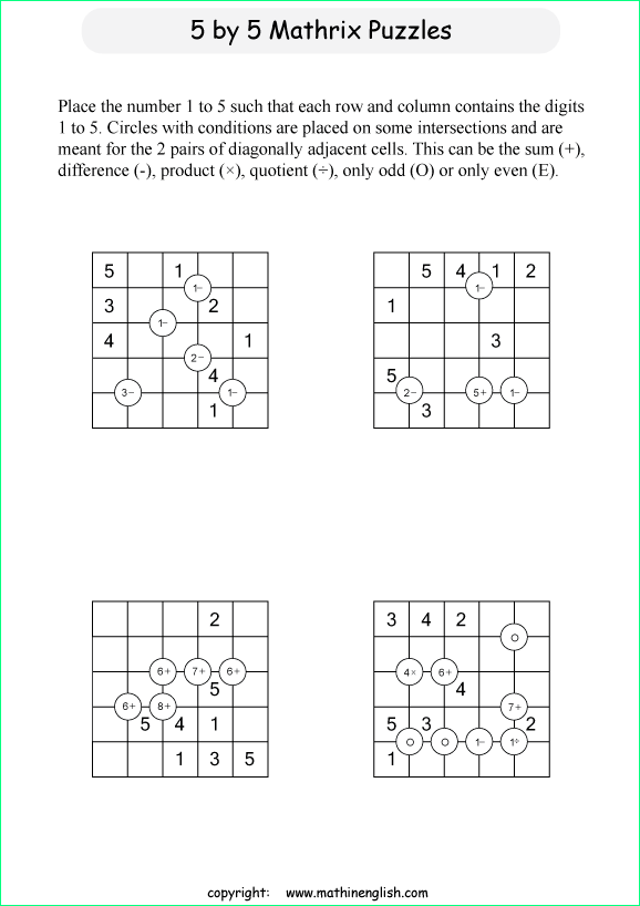 printable 5 by 5 Mathrix math calculation puzzle