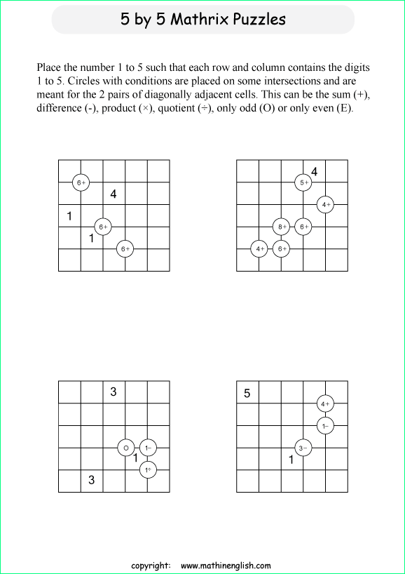 printable 5 by 5 Mathrix math calculation puzzle