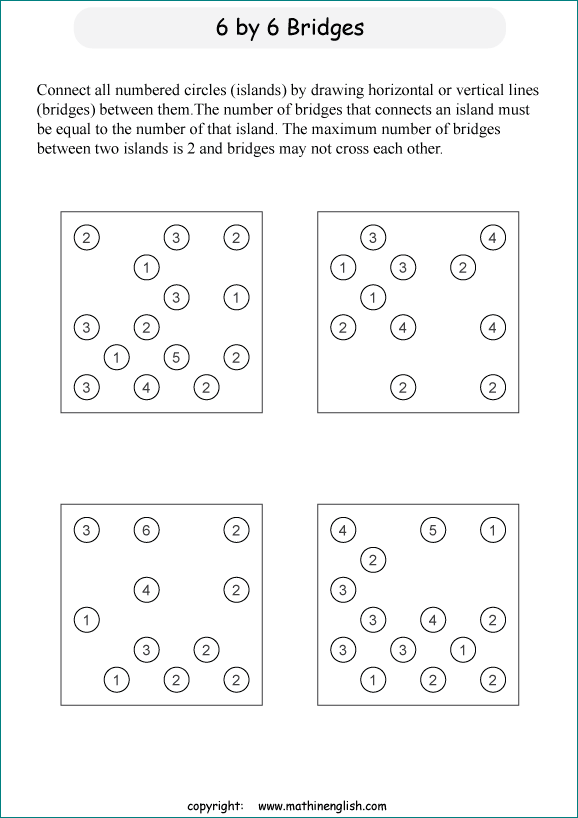 printable Building Bridges logic IQ puzzle for kids and math students