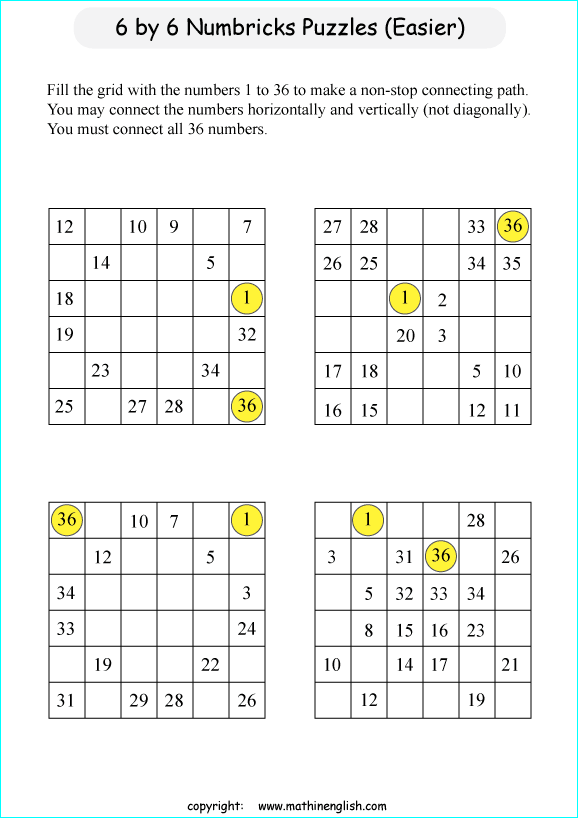 printable 6 by 6 Numbrix IQ number puzzle for kids