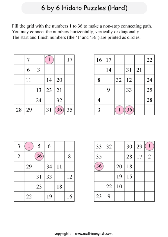 printable 6 by 6 Hidato logic IQ puzzle for kids