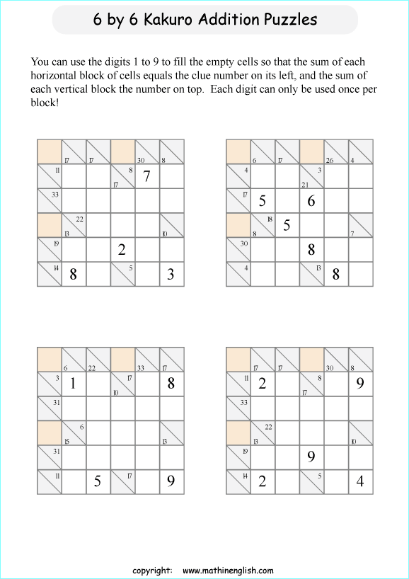 printable 6 by 6 Kakuro addition puzzle for kids