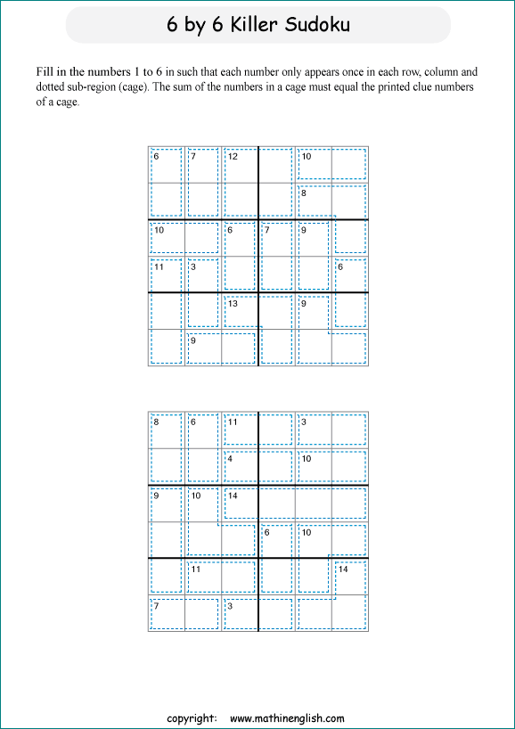 printable 6 by 6 Killer Sudoku math operations puzzle for kids and math students