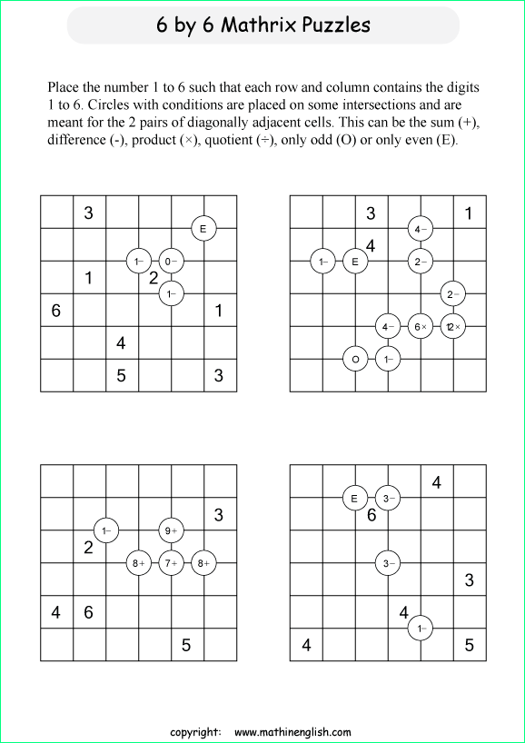 printable 6 by 6 Mathrix math calculation puzzle