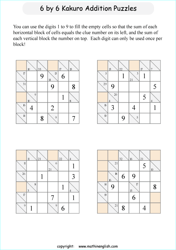 printable 6 by 6 Kakuro addition puzzle for kids
