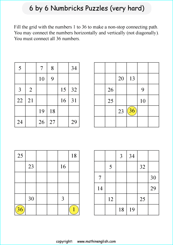 printable 6 by 6 Numbrix IQ number puzzle for kids