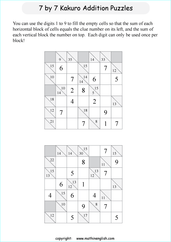 printable 7 by 7 Kakuro addition puzzle for kids