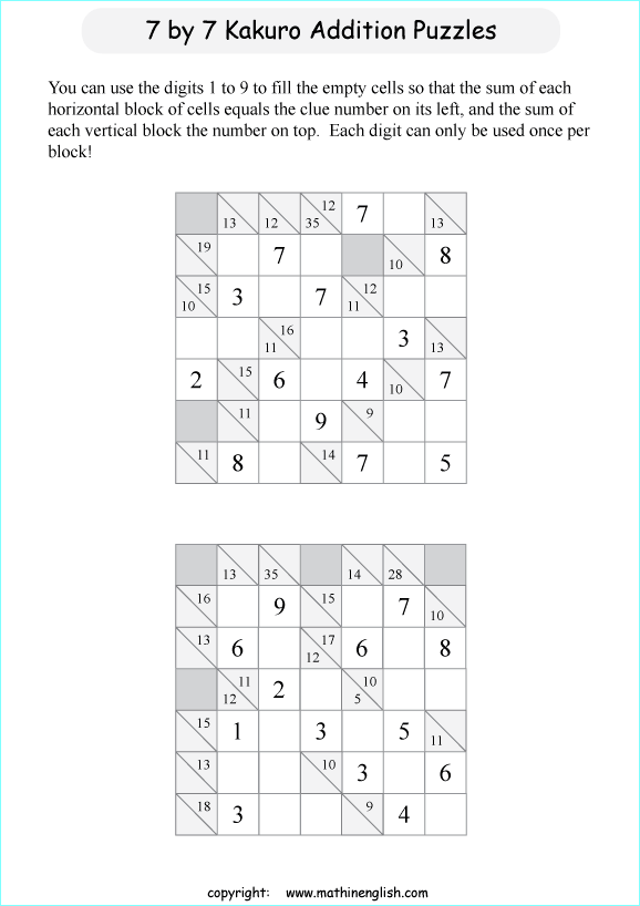 printable 7 by 7 Kakuro addition puzzle for kids