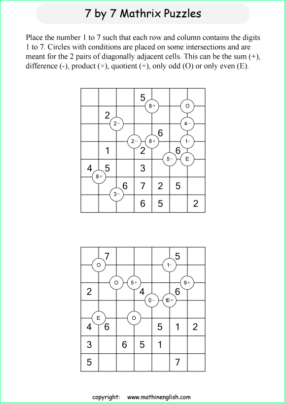printable 7 by 7 Mathrix math calculation puzzle