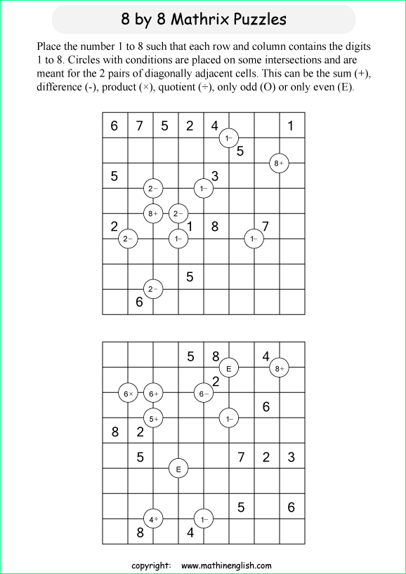 printable 8 by 8 Mathrix math calculation puzzle