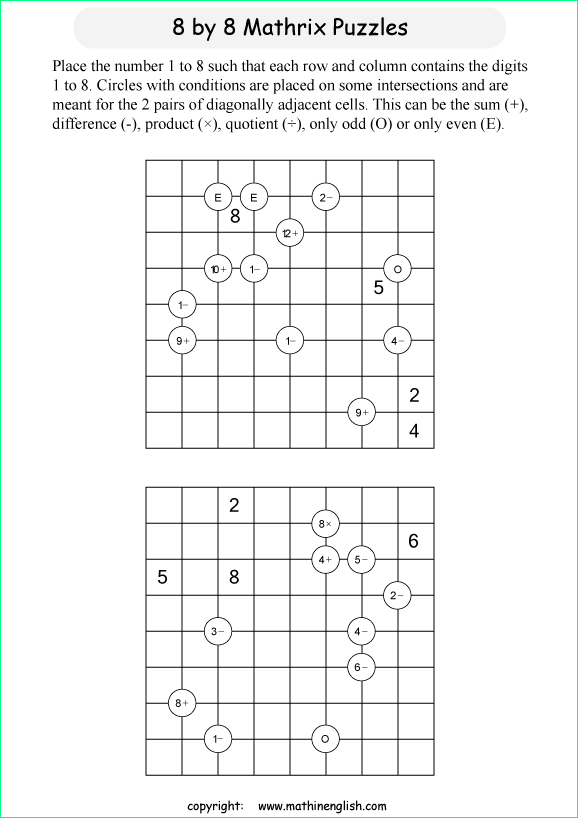 printable 8 by 8 Mathrix math calculation puzzle