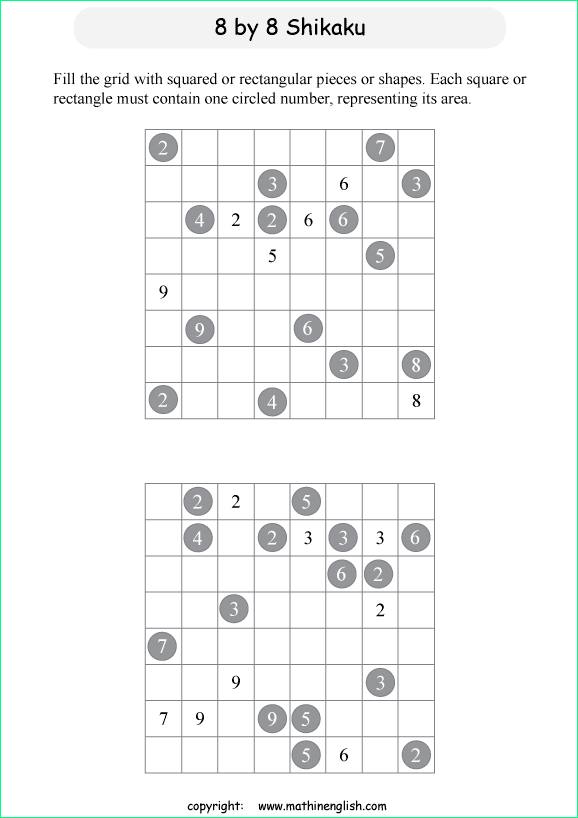 printable 8 by 8 Shikaku logic puzzle for kids
