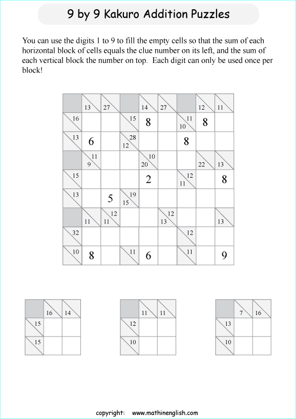 printable 9 by 9 Kakuro addition puzzle for kids