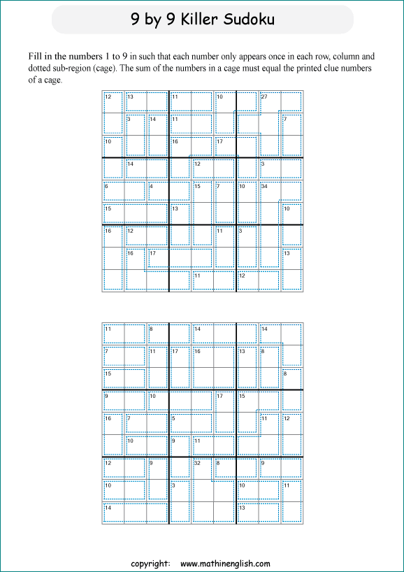 printable 9 by 9 Killer Sudoku math operations puzzle for kids and math students