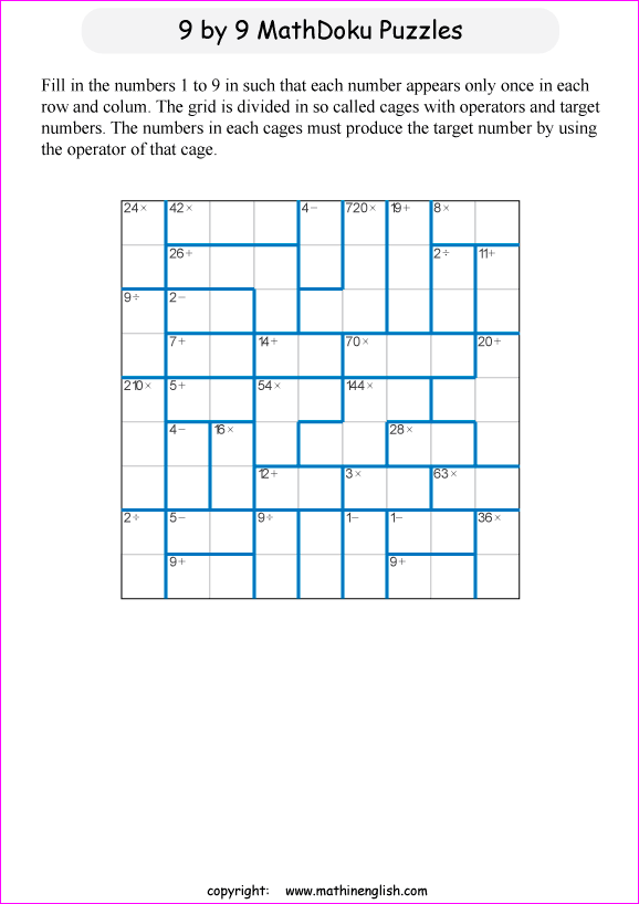 printable 9 by 9 mathdoku math operations puzzle for kids and math students