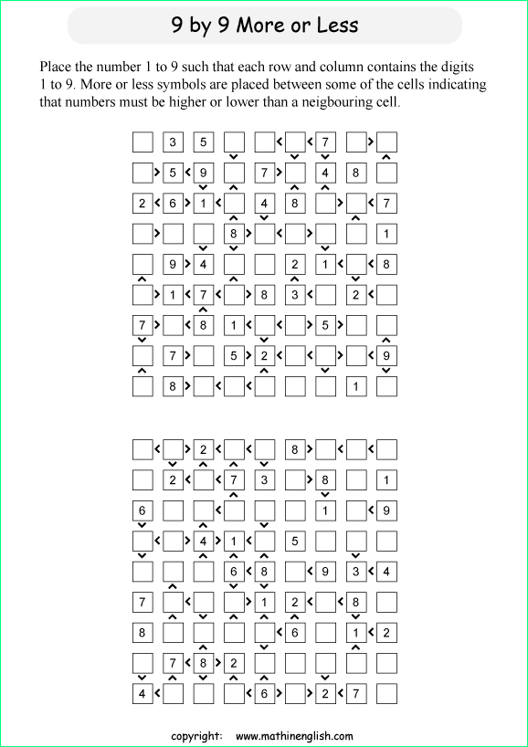 printable 9 by 9 More or Less math Sudoku for children