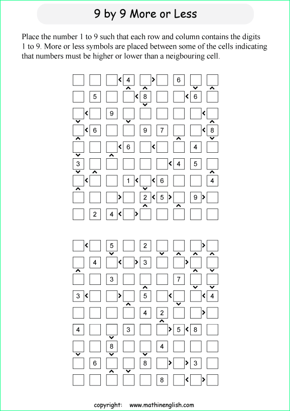 printable 9 by 9 More or Less math Sudoku for children