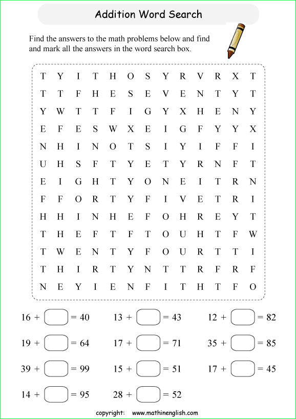printable addition word search puzzles for kids