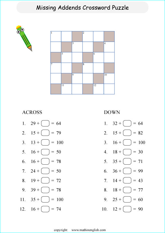 printable basic addition crossword puzzles for kids