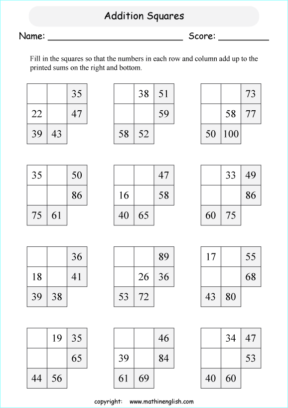 printable addition magic square puzzle for kids