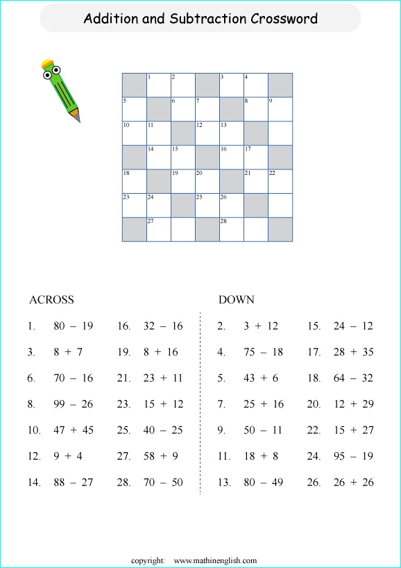 printable basic addition crossword puzzles for kids