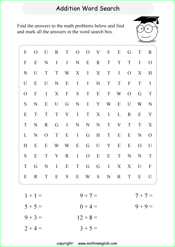 printable addition word search puzzles for kids
