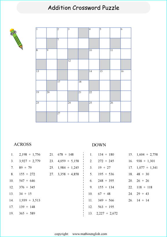 printable math crossword adding big numbers puzzle for kids
