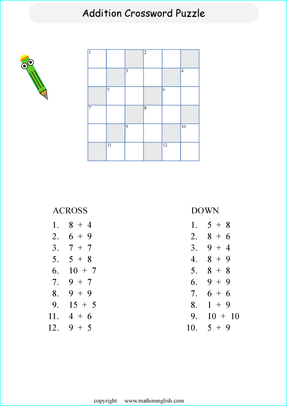 printable basic addition crossword puzzles for kids