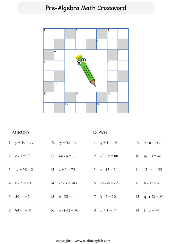 printable algebra crossword puzzle for kids
