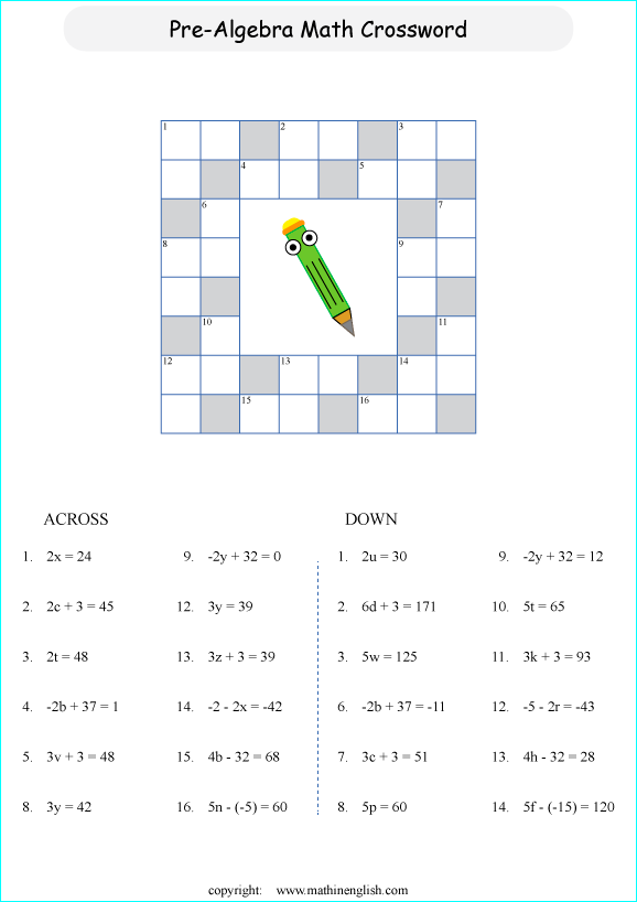 printable algebra crossword puzzle for kids