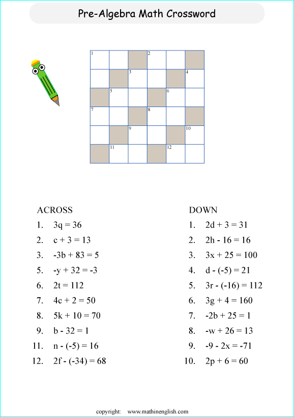 printable algebra crossword puzzle for kids