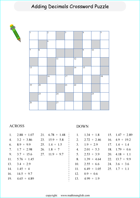 printable fractions and decimals crossword puzzle for kids
