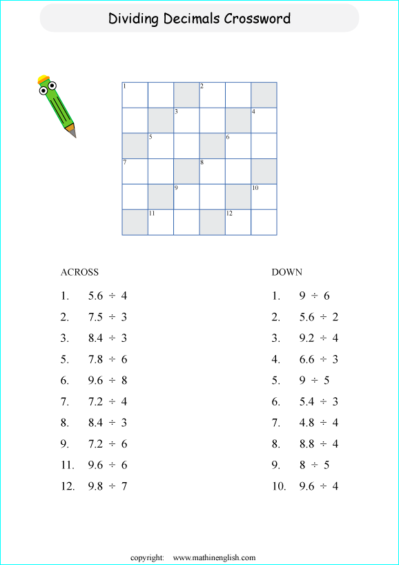 printable fractions and decimals crossword puzzle for kids