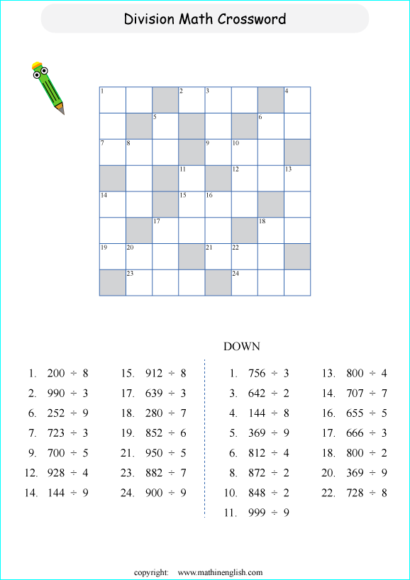 printable division crossword puzzle for kids
