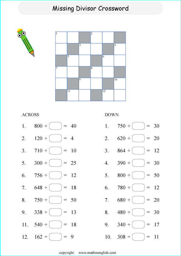 printable division crossword puzzle for kids