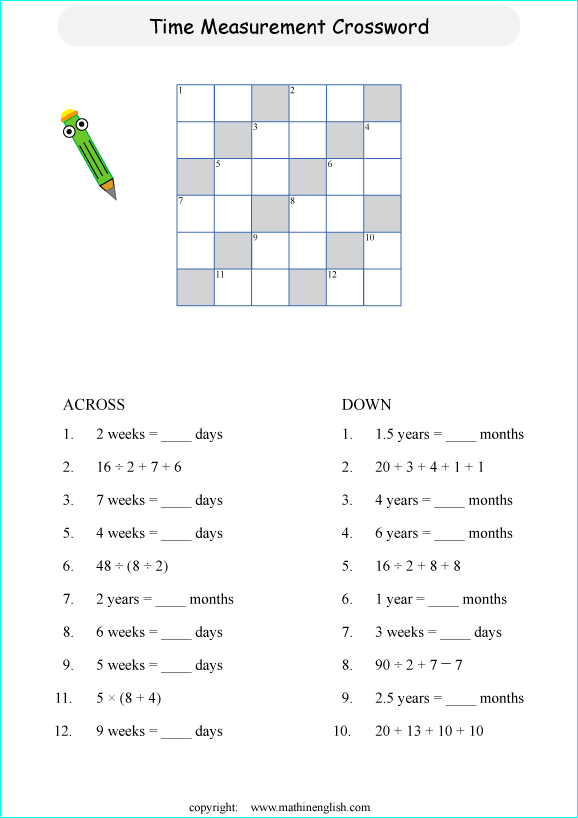 printable measurement and time crossword puzzle for kids