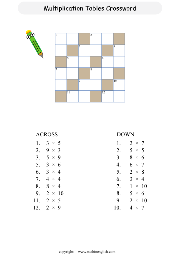 Basic multiplication tables math crossword puzzle