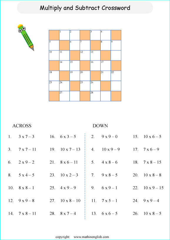 printable math crossword subtraction within 100 puzzle for kids